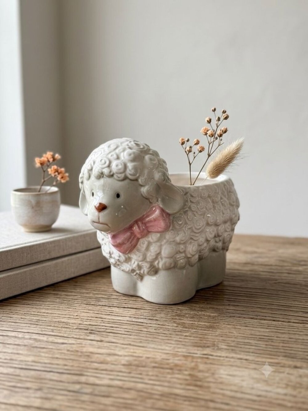 Vintage Napco Lamb Ceramic Planter Pink Bow Cottagecore Nursery Decor